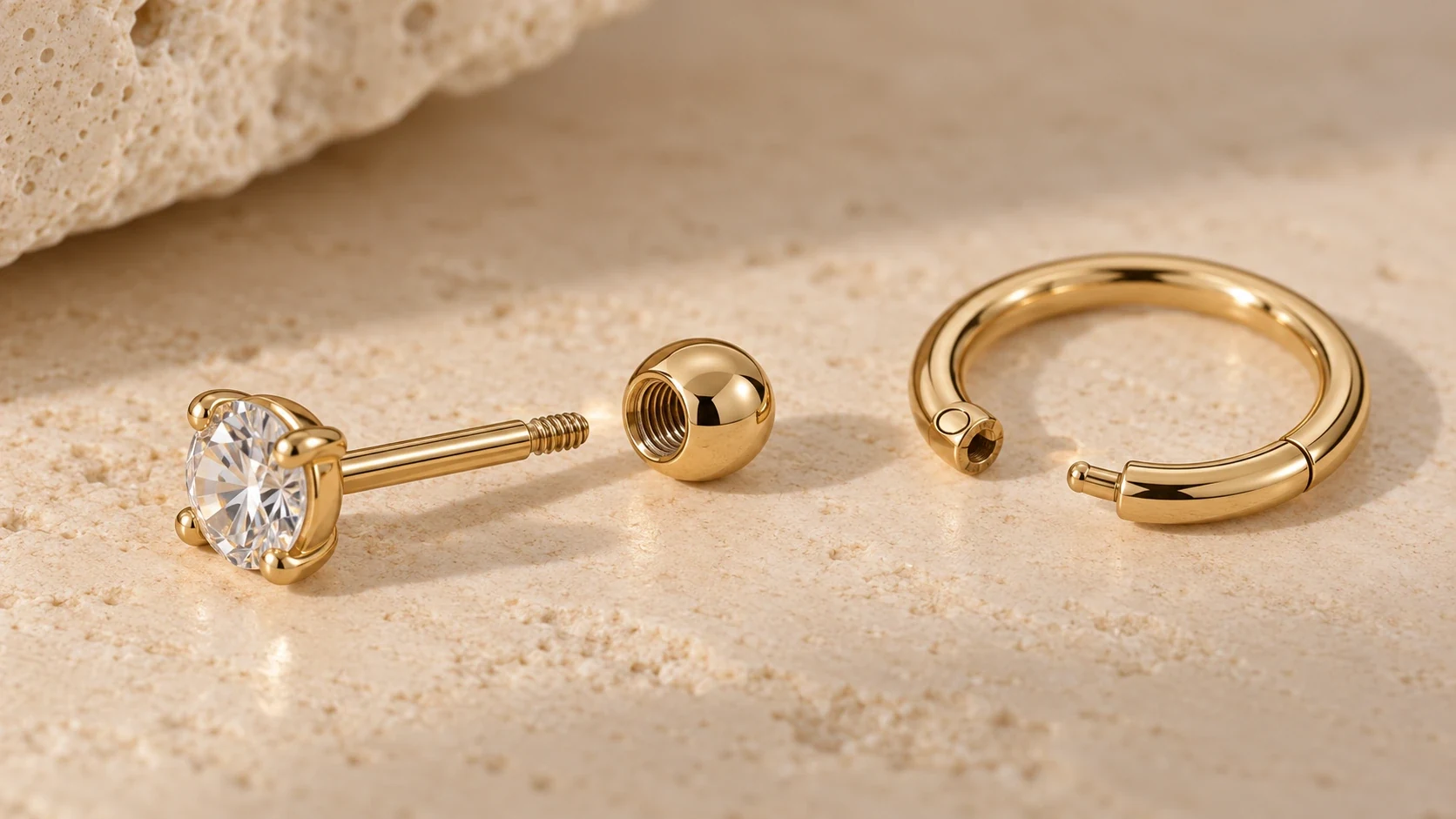Body jewelry post, threaded end and ring connection details