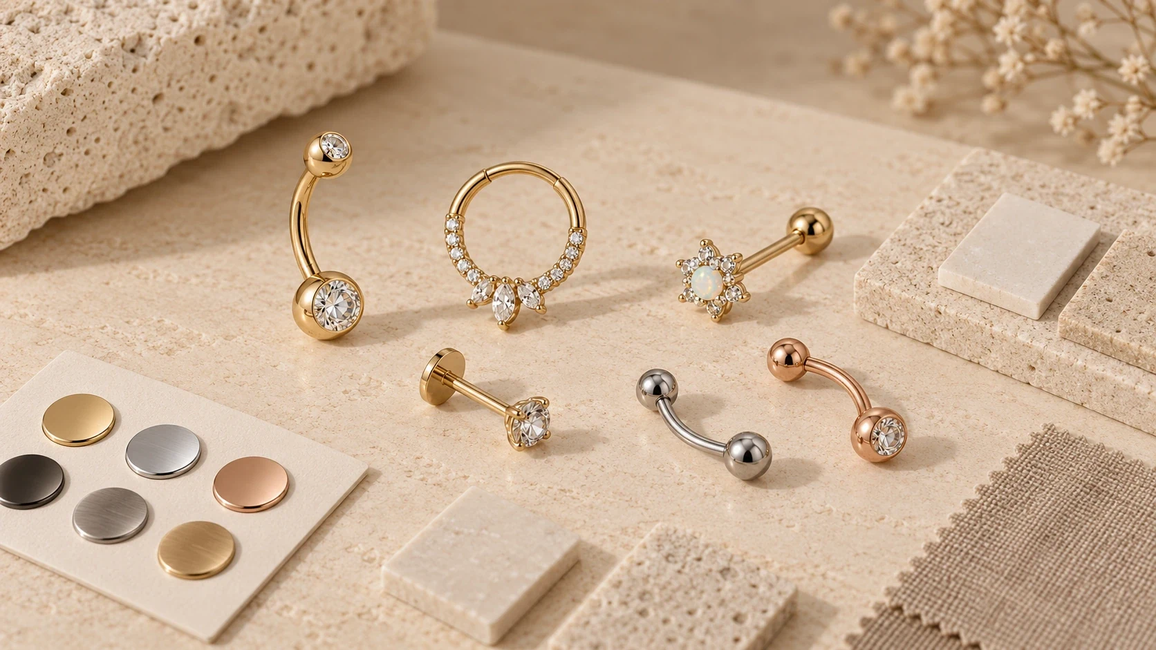 Body jewelry in gold-tone, silver-tone and rose-tone finishes