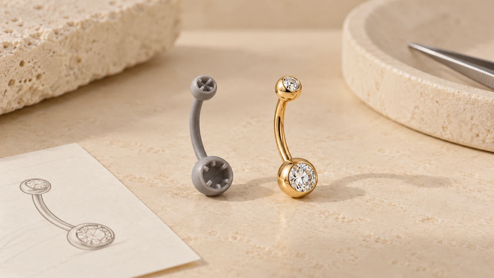 Curved body jewelry with polished surfaces and decorative ends