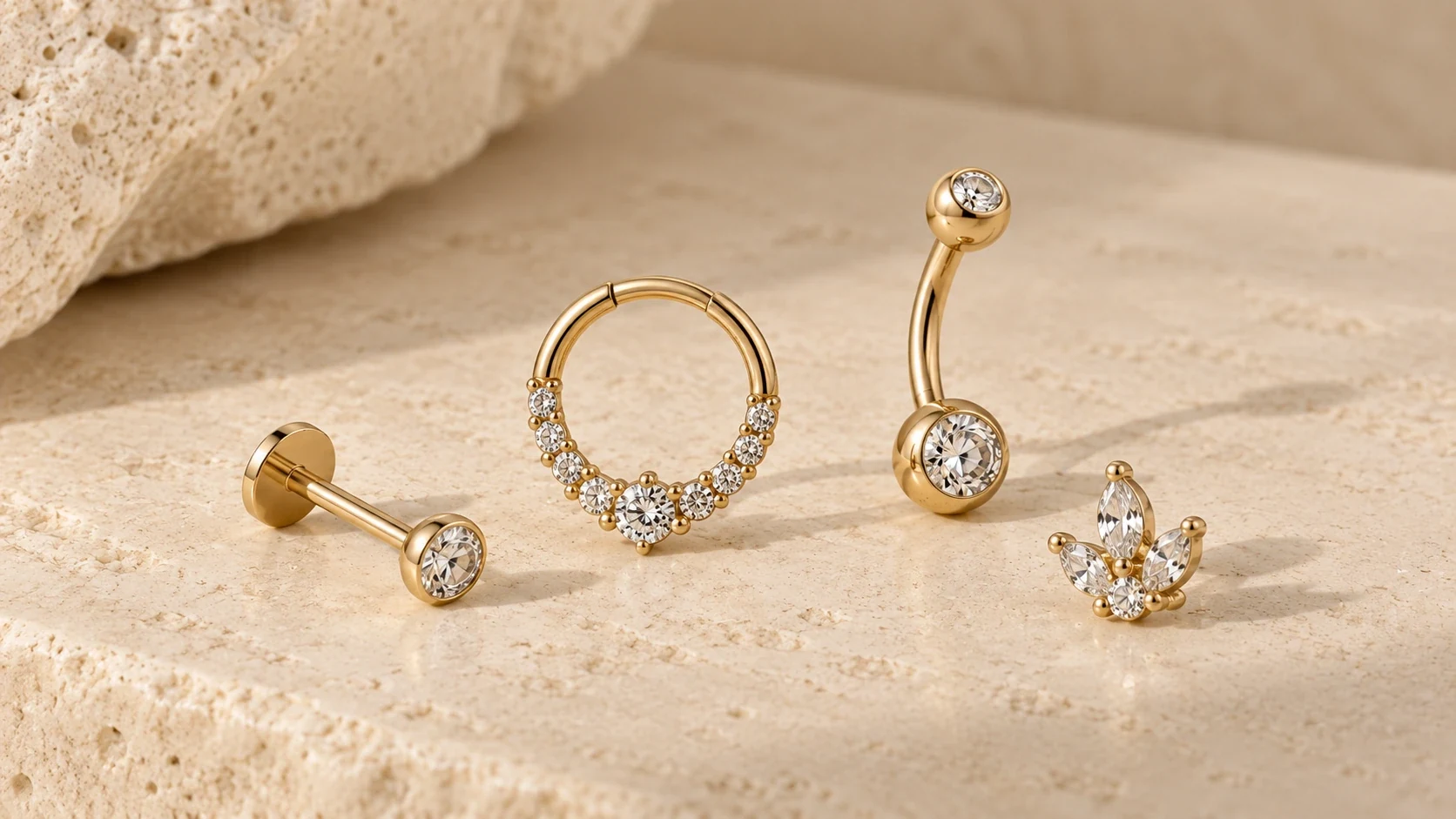 Body jewelry with curved bars, flat-back posts and ring closures