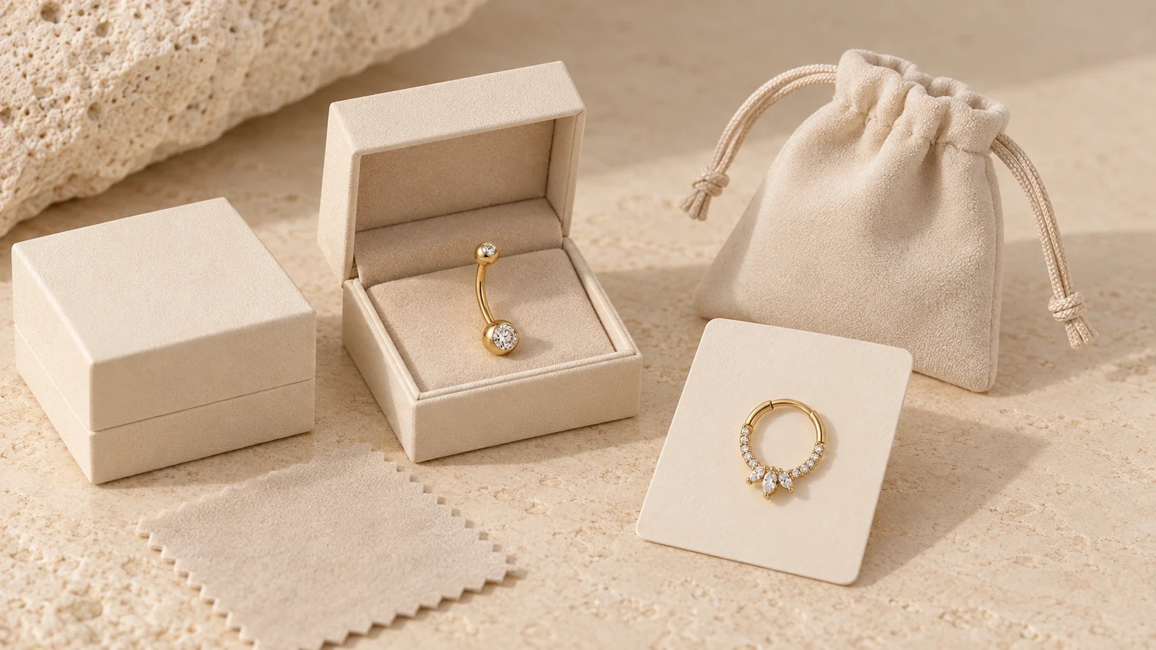 Body jewelry arranged with a jewelry box, pouch and presentation card