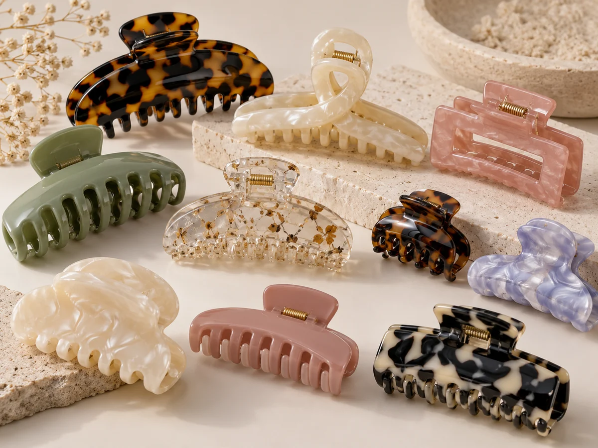 Assorted cellulose acetate, acrylic and resin claw clips in different shapes and colors