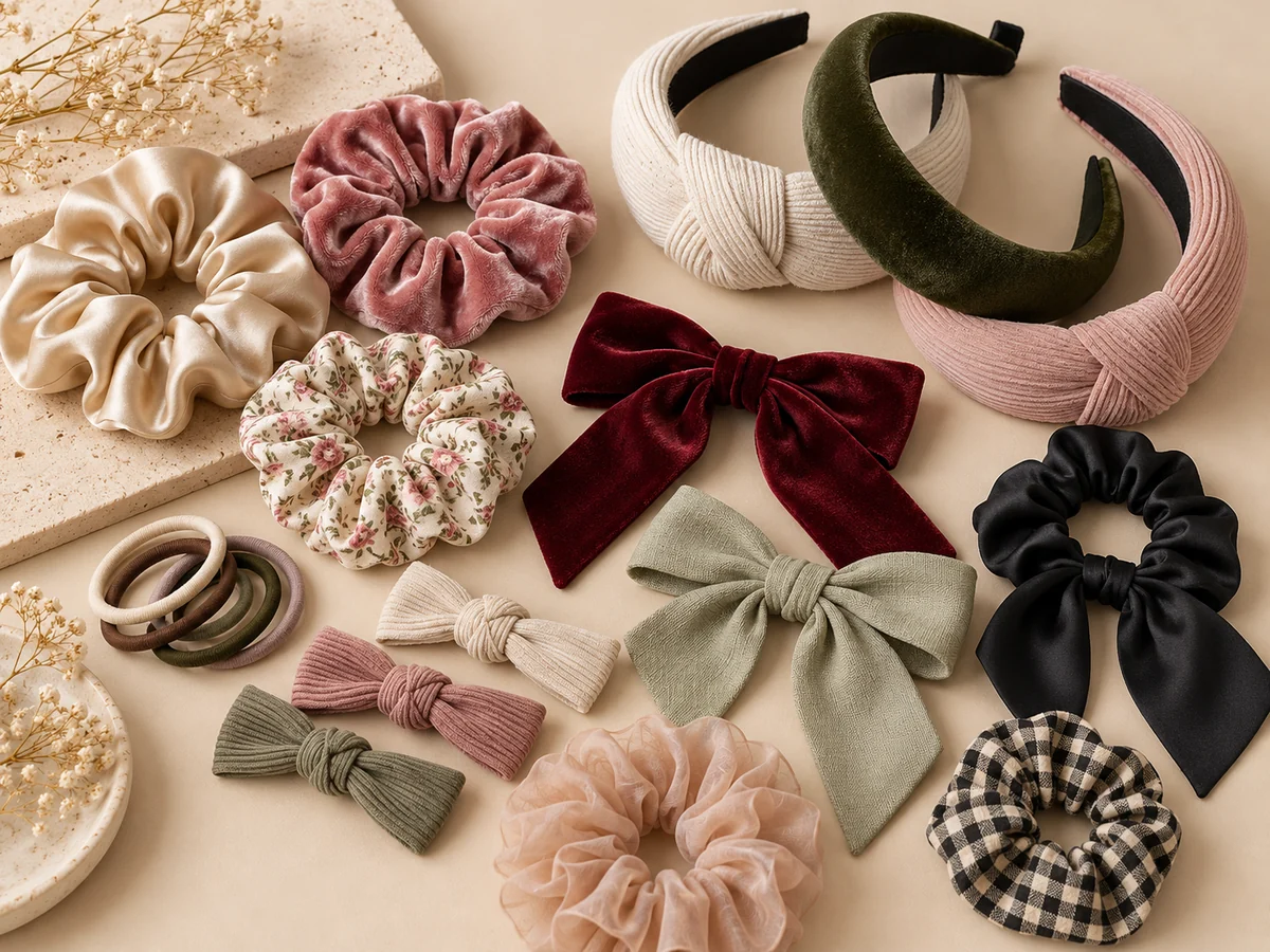 Coordinated fabric scrunchies, headbands and hair bows in different textures
