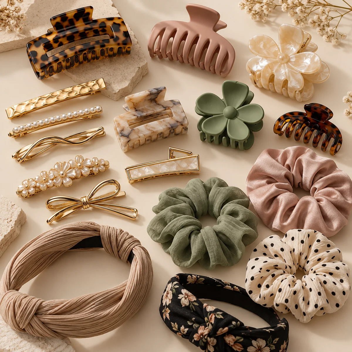 Range of metal hair clips, claw clips and fabric accessories for a private-label collection