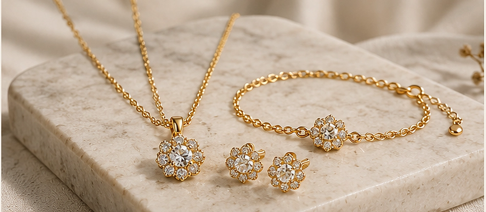Coordinated gold-tone necklace, matching floral earrings and bracelet displayed as a custom jewelry set concept