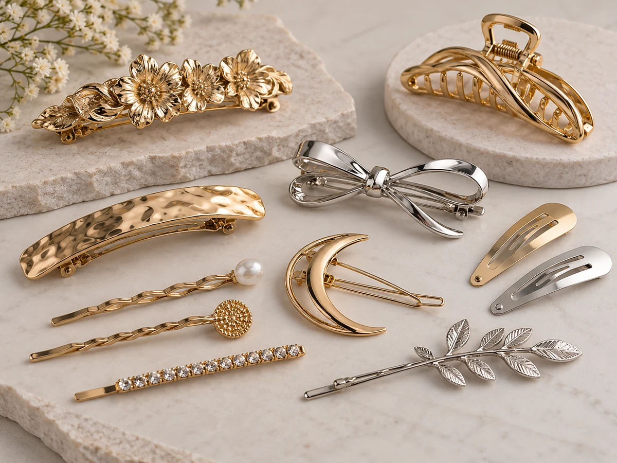 Different metal hair clip and barrette designs with decorative details and fastening structures