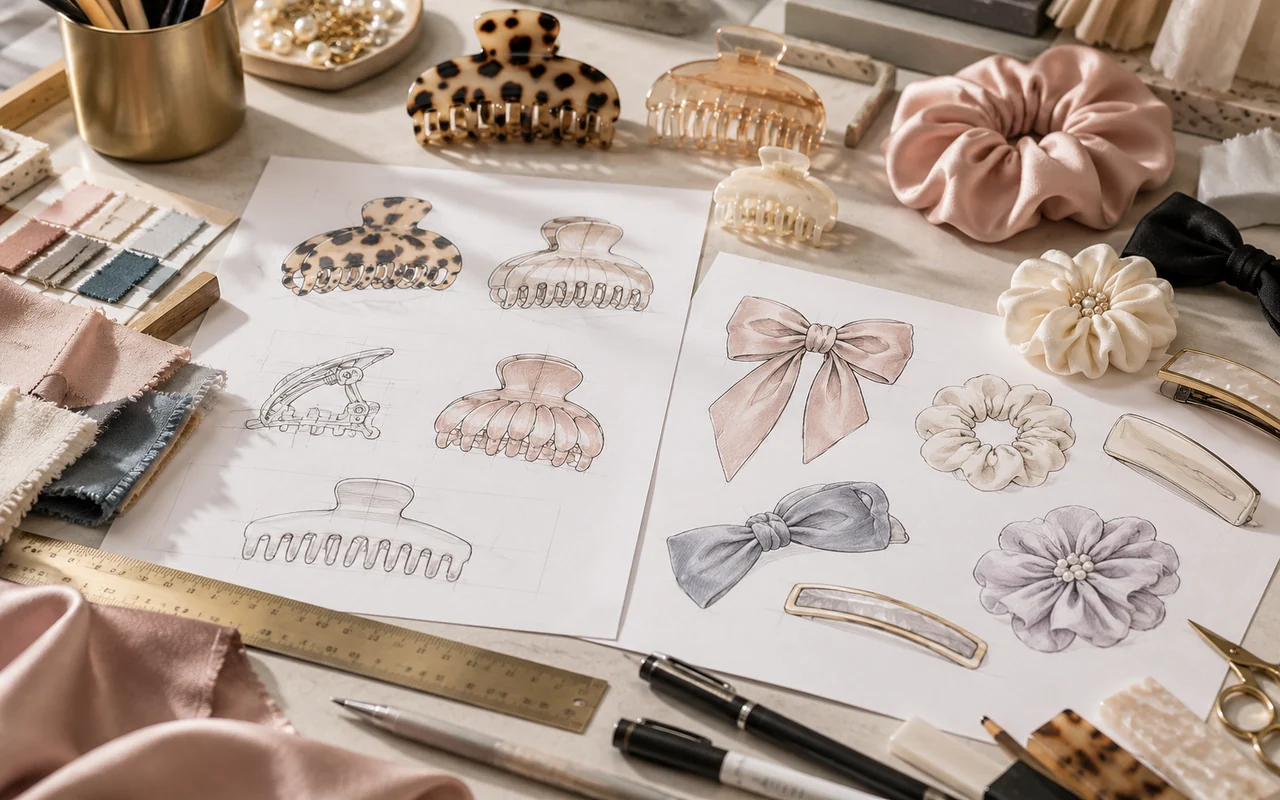 Design sketches, material references and hair accessory samples prepared for development review