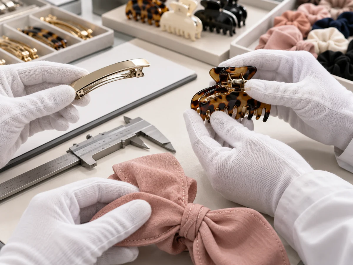 Hands inspecting the structure and finishing of different hair accessories