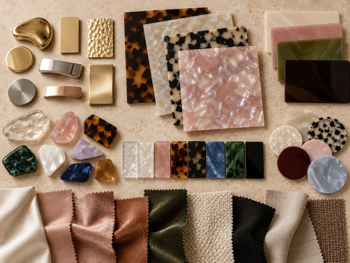 Metal finish, acetate color and fabric swatches for custom hair accessory development