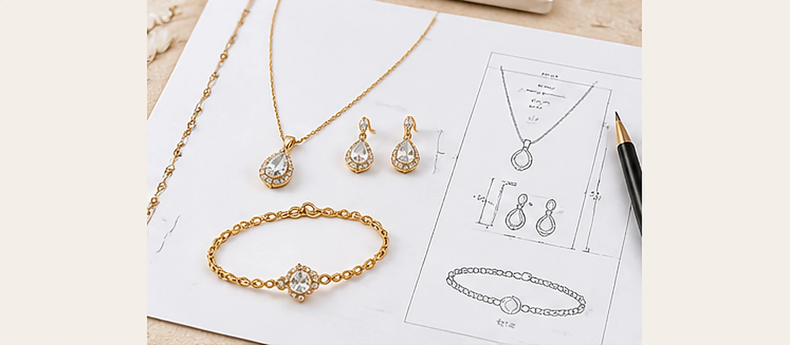 Illustrative jewelry set design sheet showing necklace, earring and bracelet concepts together