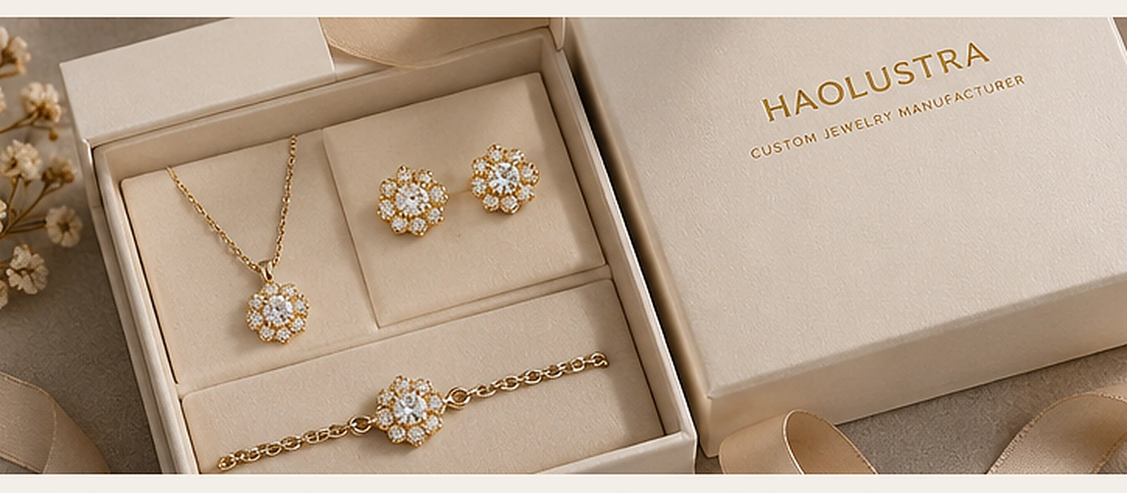 Branded jewelry gift box concept with necklace, earrings and bracelet arranged in separate insert positions