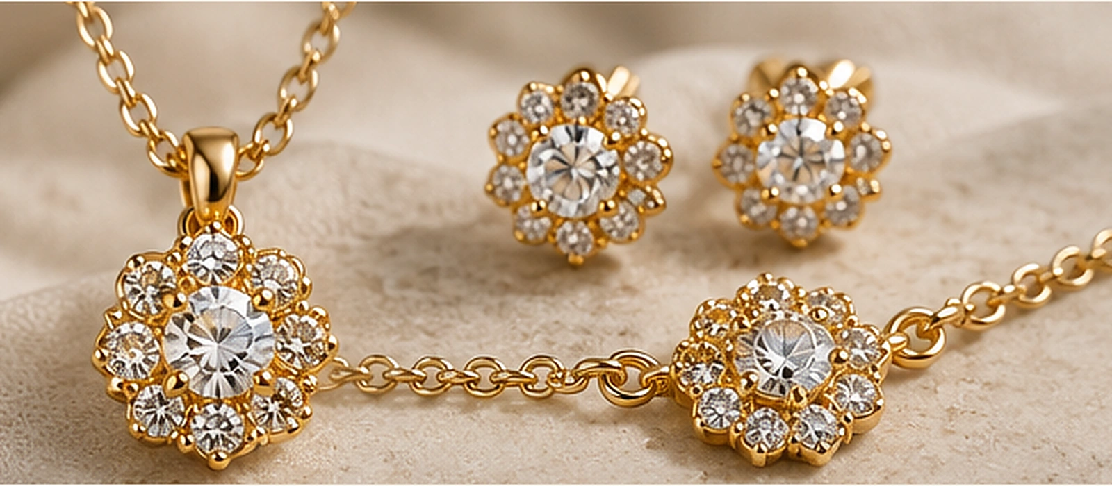 Close-up of coordinated gold-tone necklace, earrings and bracelet showing matching decorative details