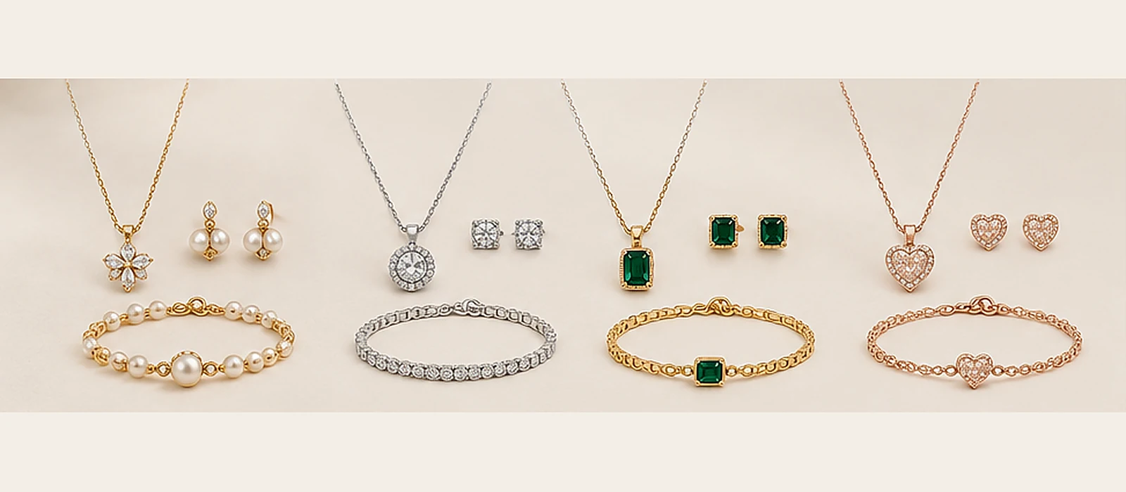 Four coordinated necklace, earring and bracelet set concepts in different finish and decorative styles