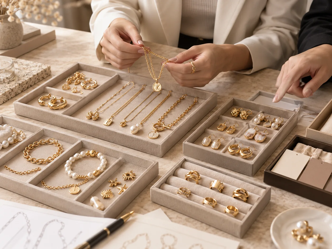 AI conceptual jewelry assortment being reviewed for a small first order