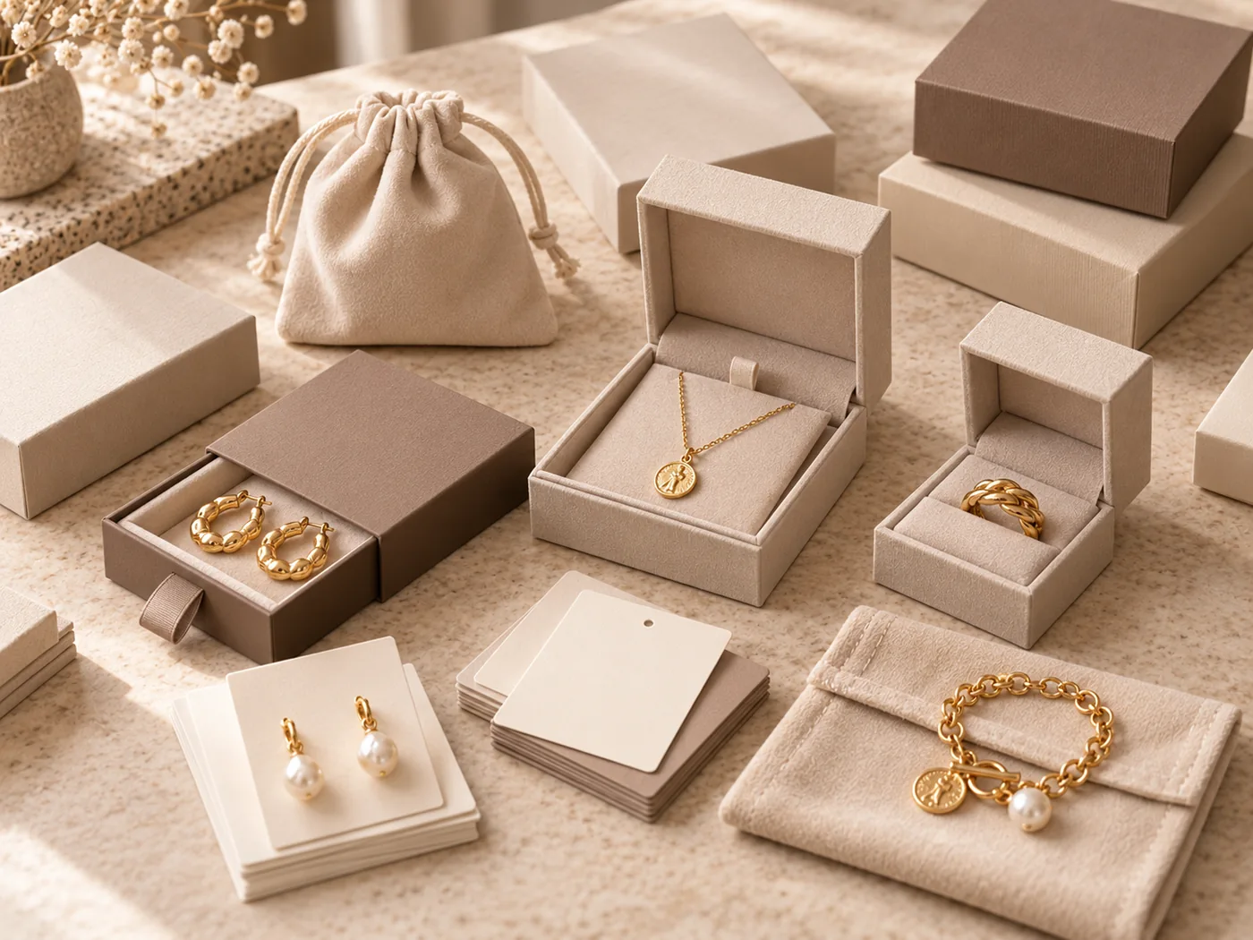Illustrative jewelry boxes cards and pouches for private label MOQ planning