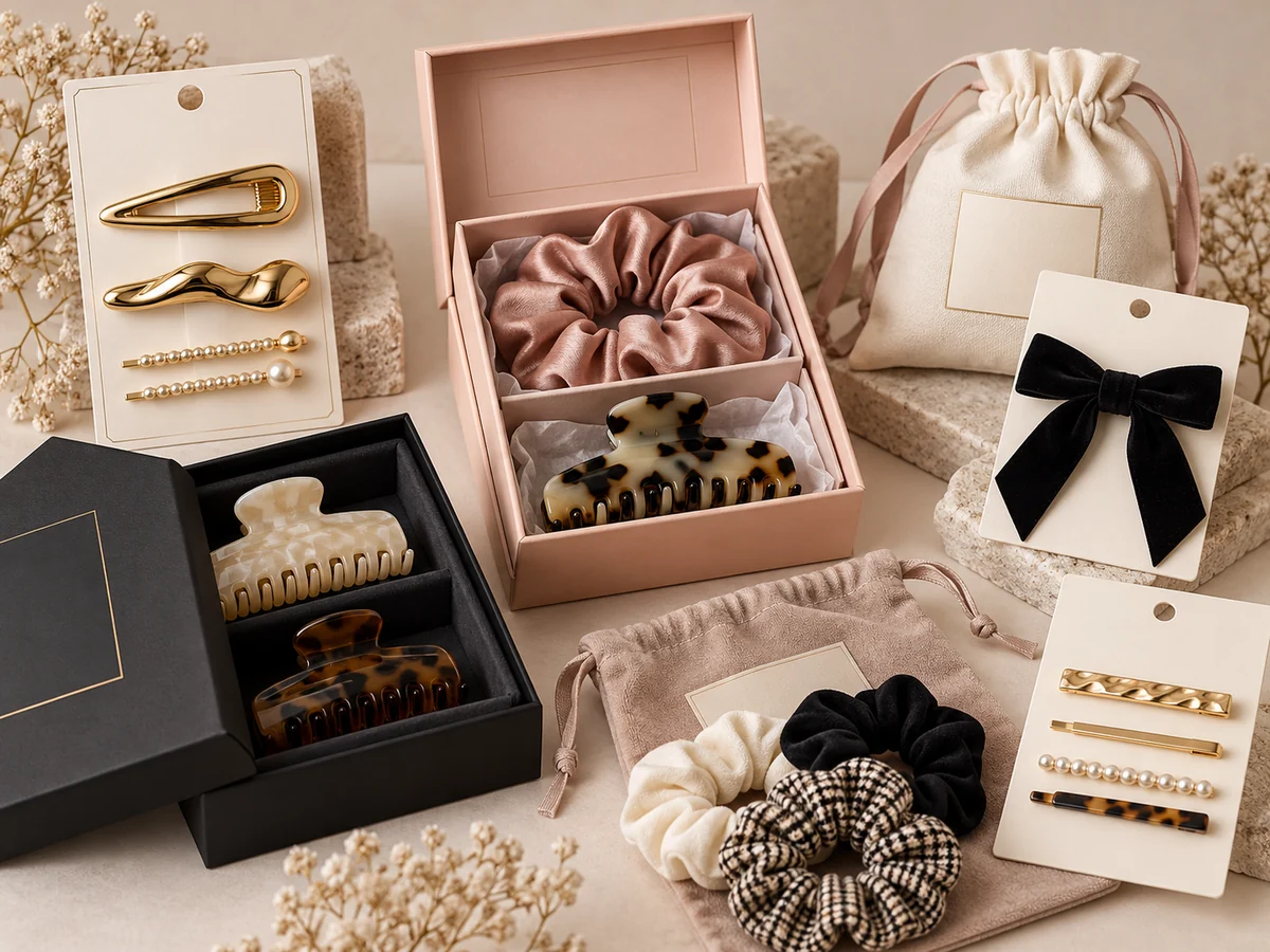 Hair clips, claw clips and scrunchies presented with branded cards, pouches and retail boxes