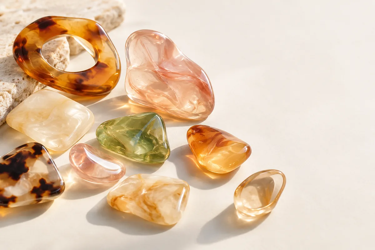 Illustrative translucent resin-like decorative forms in amber, peach, green and cream on a warm neutral surface
