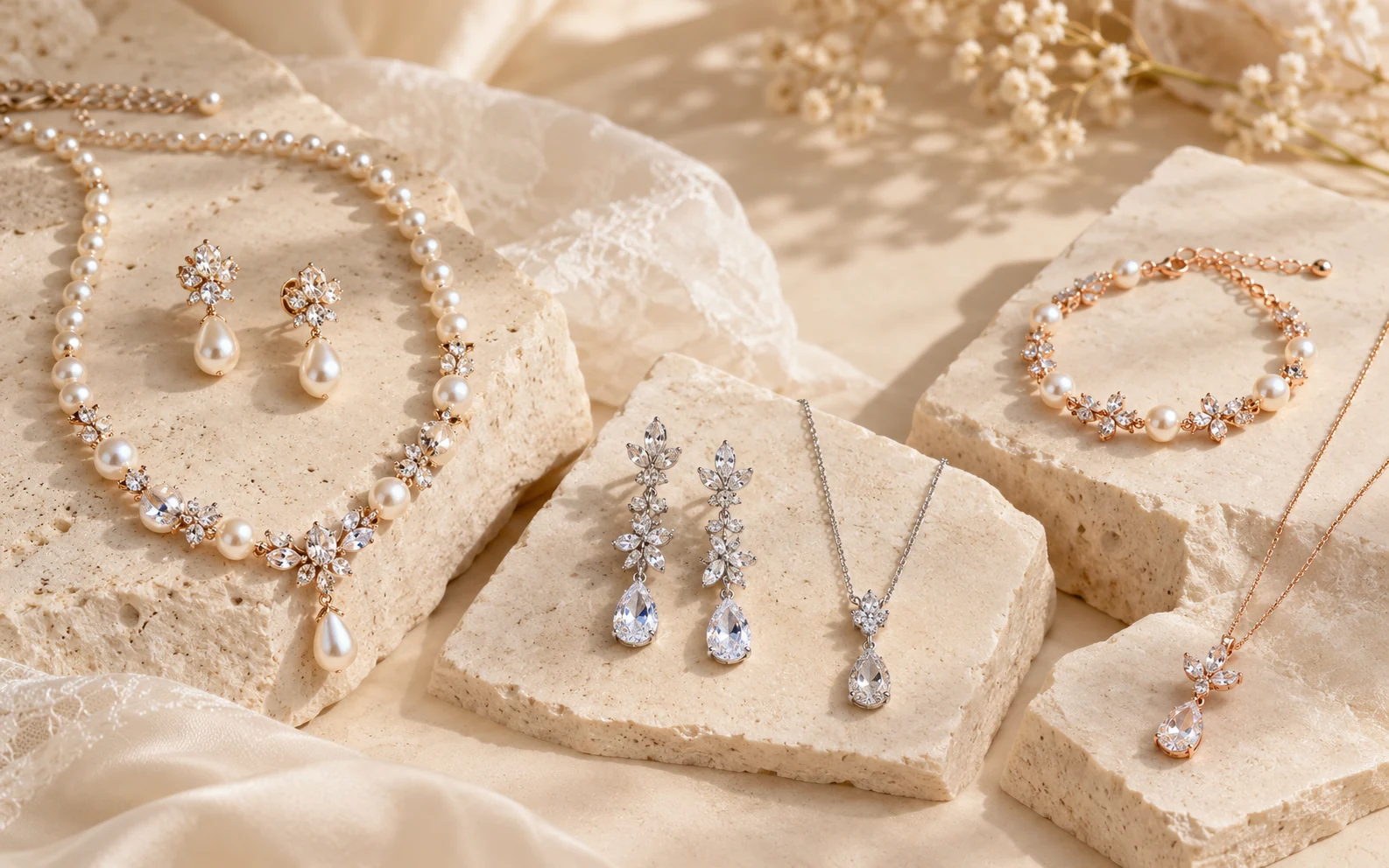 Illustrative pearl, crystal and rose gold bridal jewelry collection variations on display