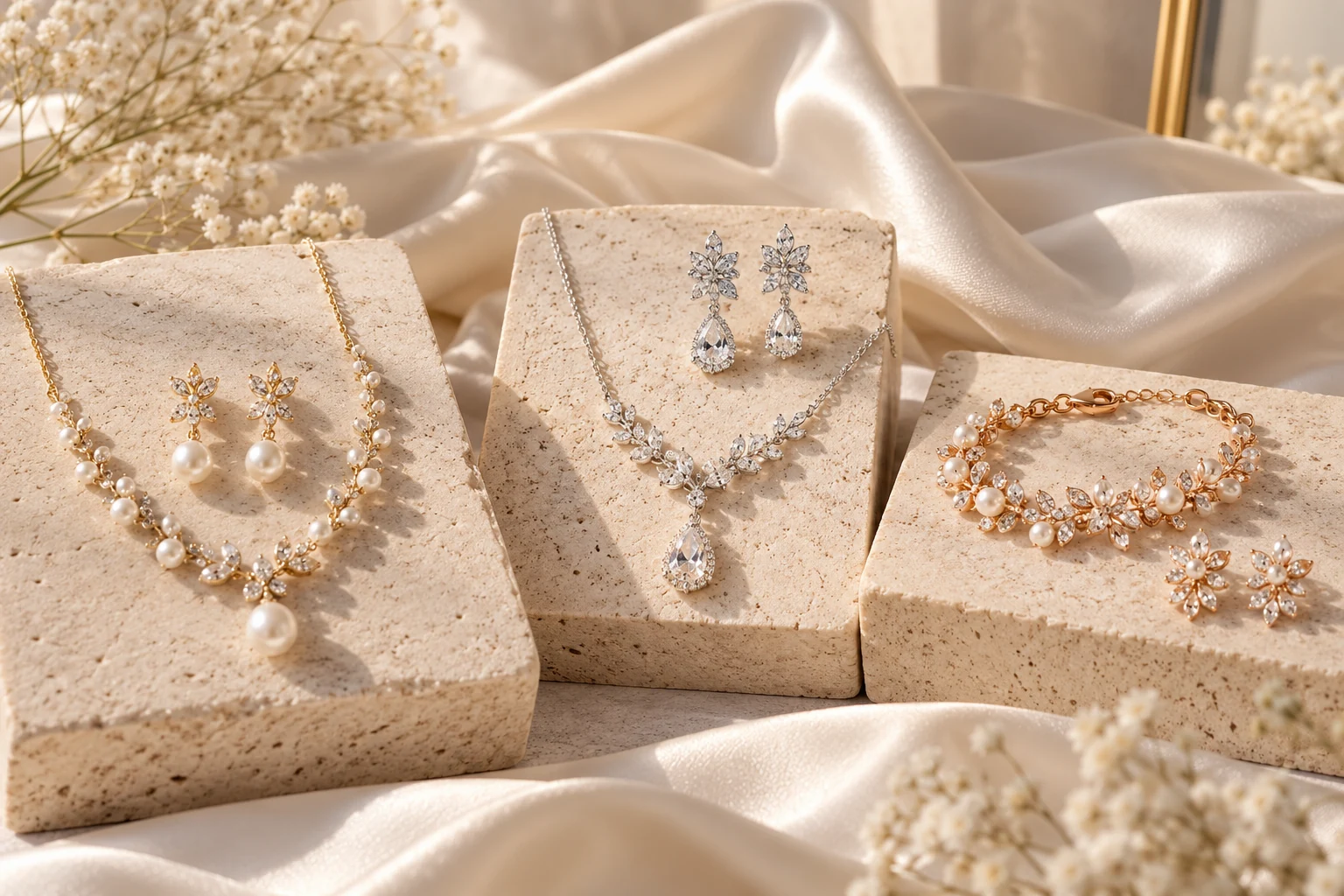 Illustrative bridal necklace, pearl drop earrings and bracelet on warm stone display