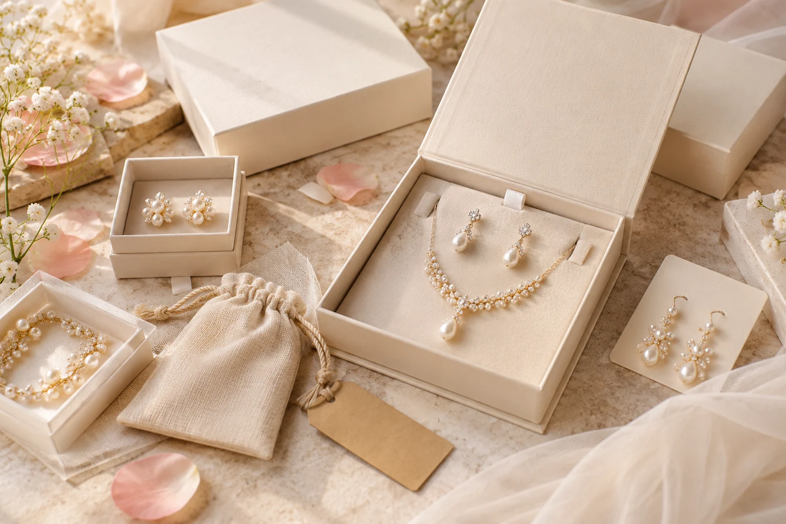 Concept illustration of unbranded bridal jewelry presentation boxes and pouches