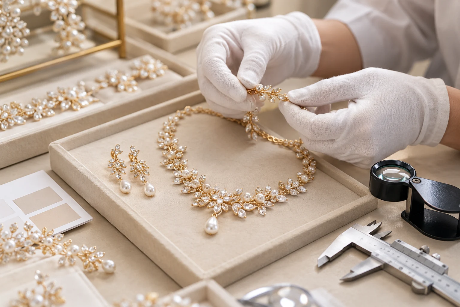 Concept illustration of a jewelry component being examined with gloves and inspection tools