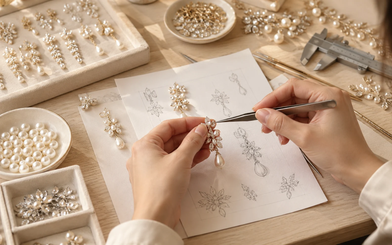 Concept illustration of bridal jewelry earring design details being reviewed beside sketches