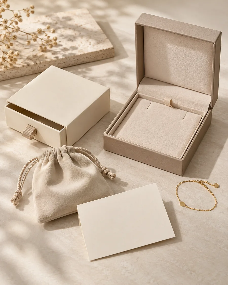 AI concept of gift-ready jewelry packaging with blank boxes, drawstring pouch and jewelry presentation card
