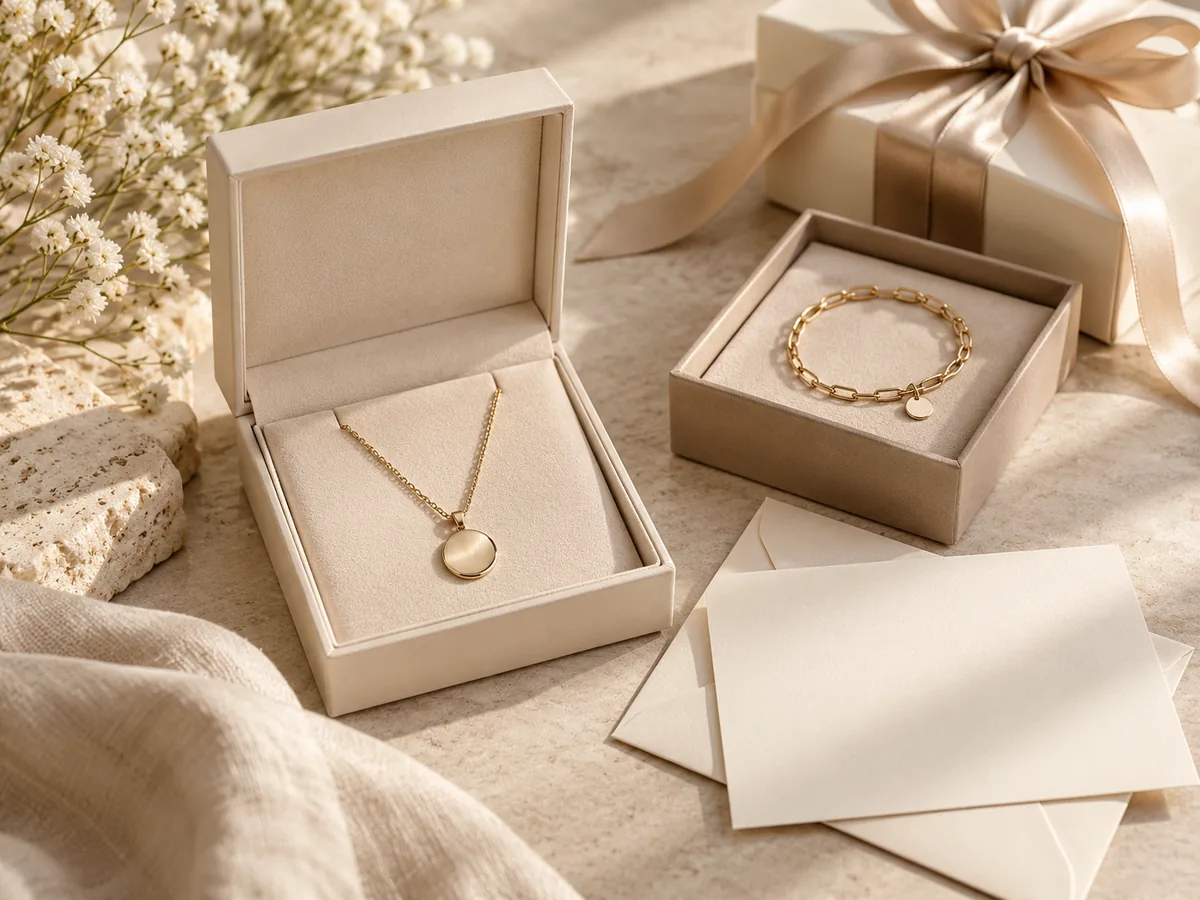 AI concept of corporate jewelry gift presentation with necklace, bracelet, unbranded gift boxes and blank note card