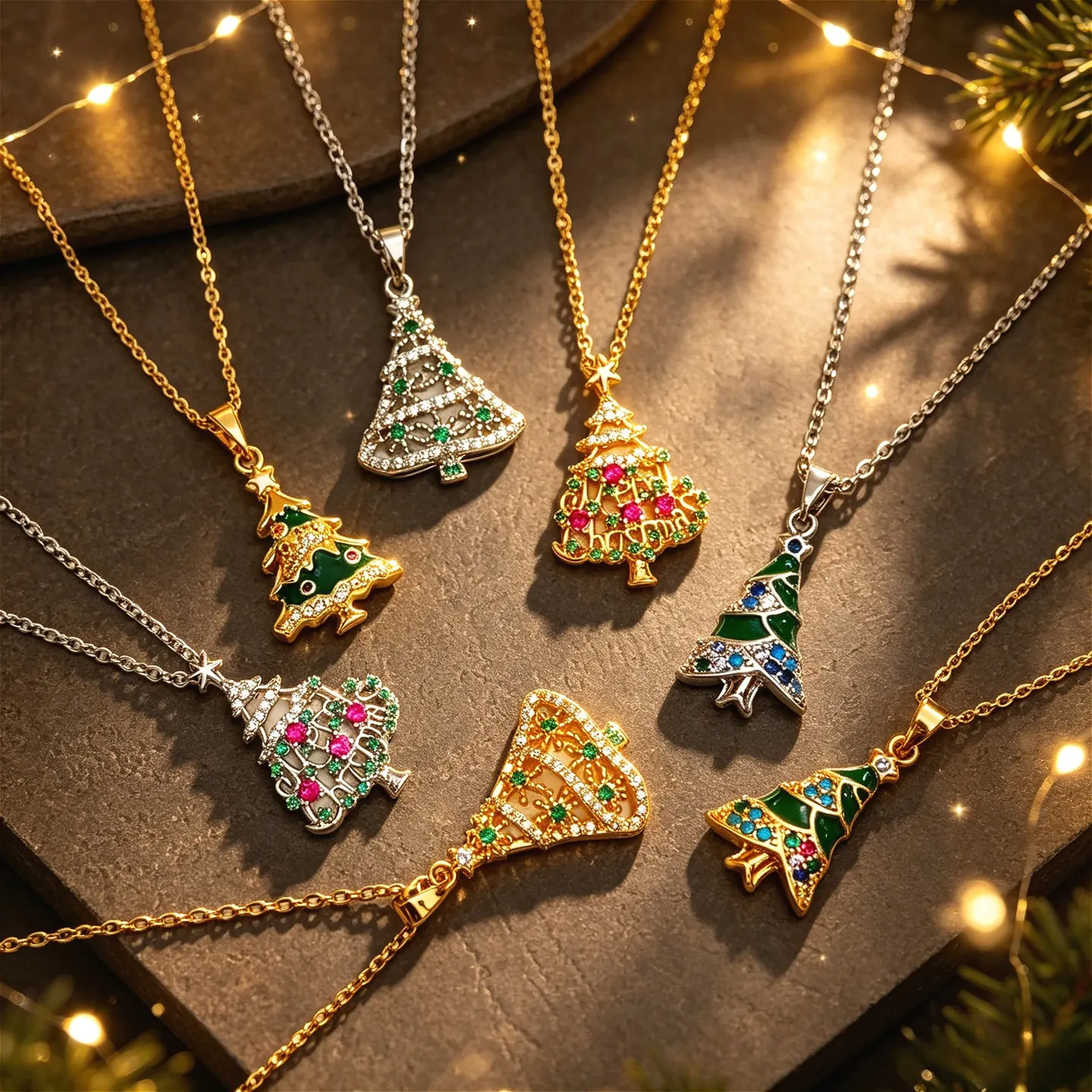Christmas-tree pendant necklaces with colorful enamel-style details