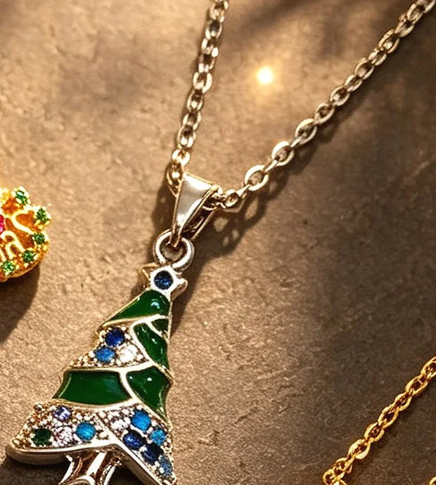 Green and blue tree charm detail from the supplied reference; material and coating unverified