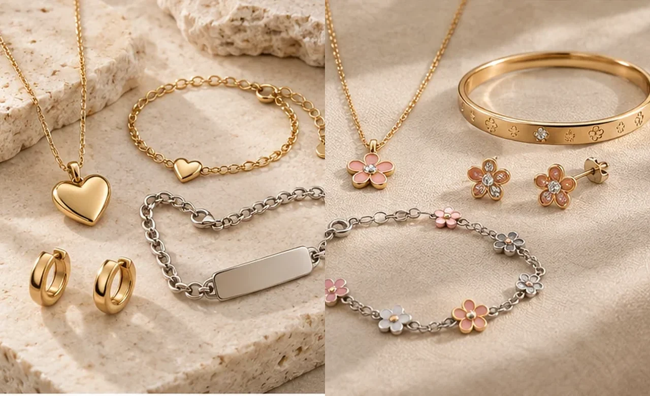 Illustrative gold and silver jewelry collection with coordinated heart and floral design concepts for brand development