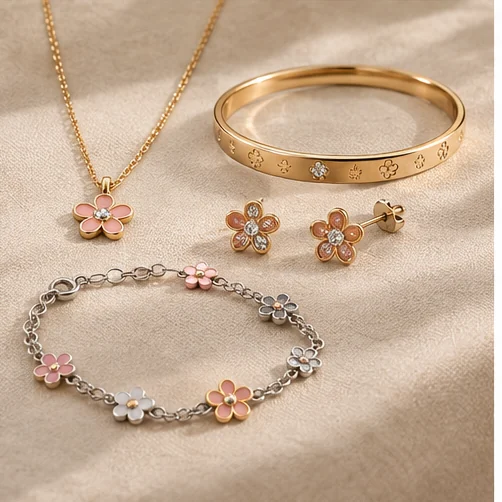 Illustrative heart and floral jewelry direction for a children’s collection