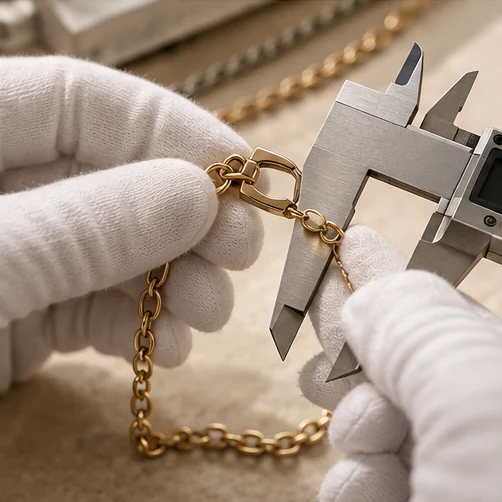 Illustrative dimensional review of a jewelry chain clasp with a caliper
