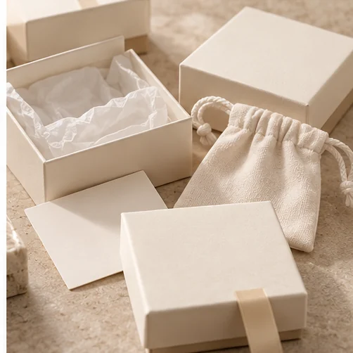 Illustrative unbranded boxes, pouch and inserts for private-label jewelry planning