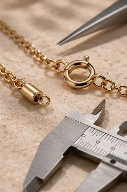 Illustrative close-up of a spring clasp and dimensional measuring tool