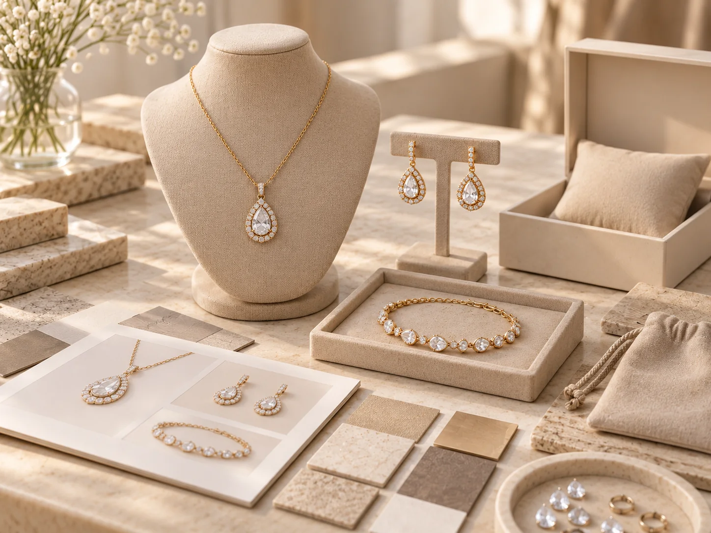 AI-generated conceptual illustration of a coordinated necklace, earring and bracelet set for jewelry brands