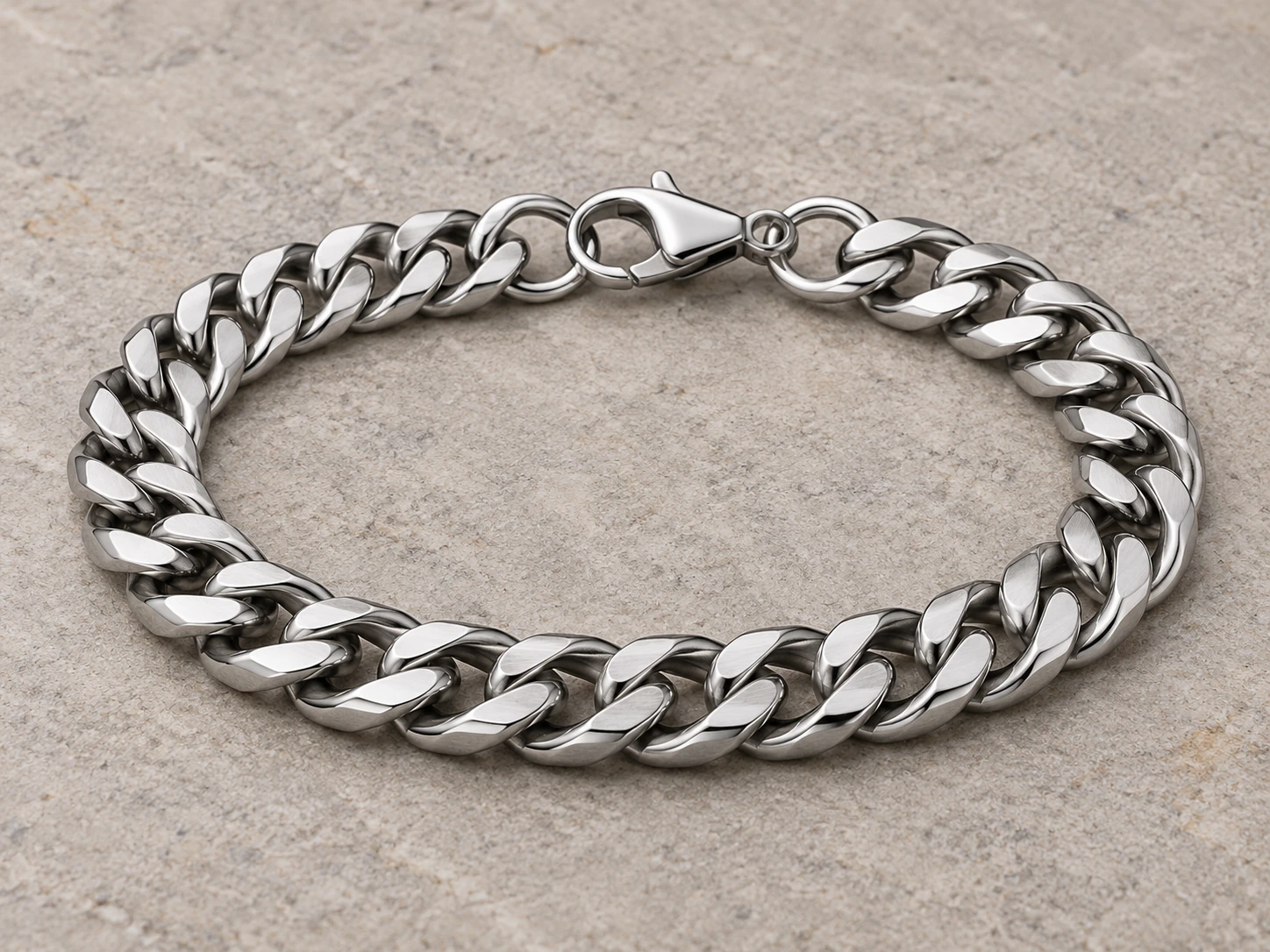 AI-generated silver-tone curb chain bracelet concept for discussing design and finish; material grade unverified