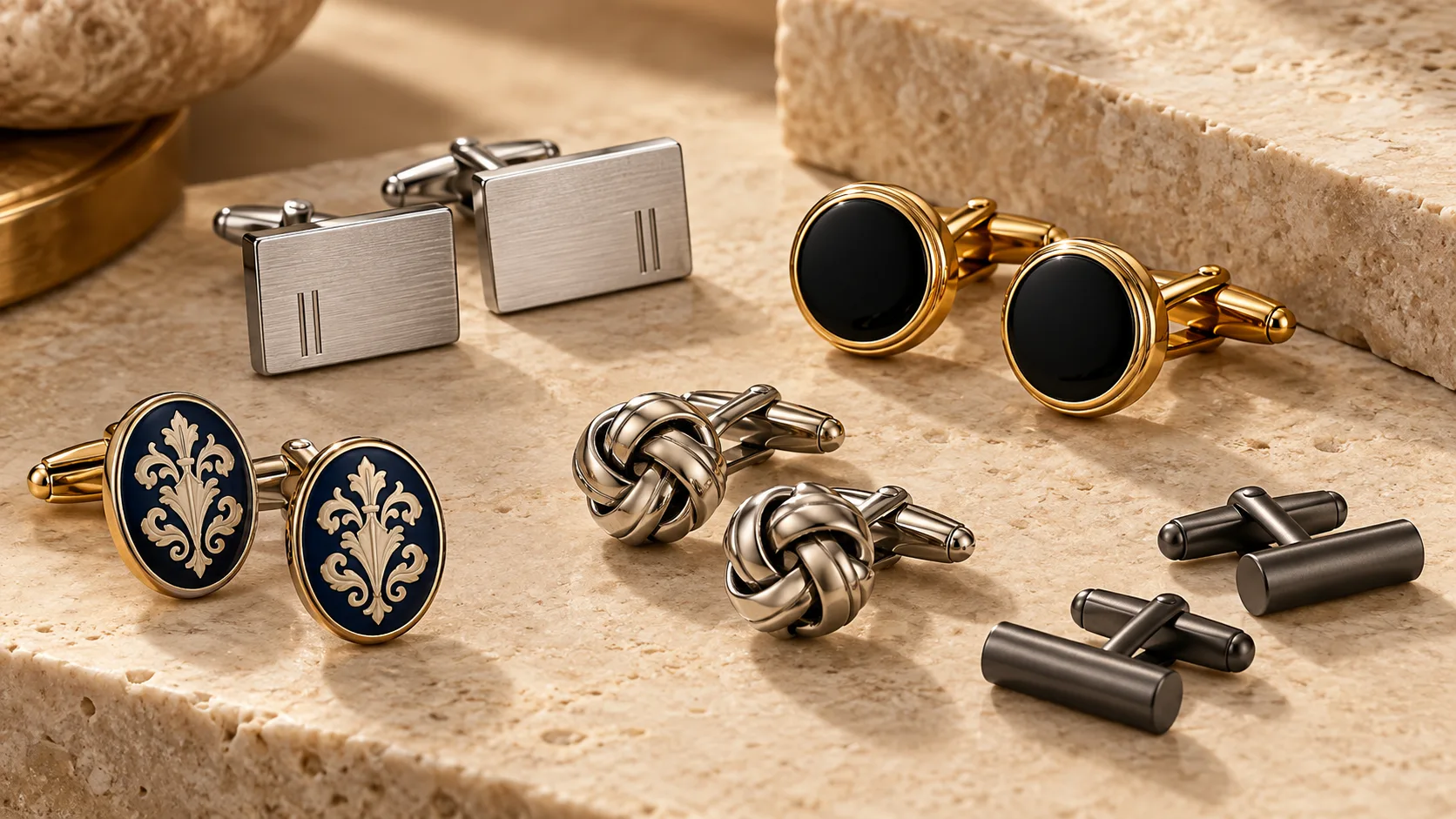Luxury assortment of custom cufflink styles on a stone tabletop — illustrative AI visual