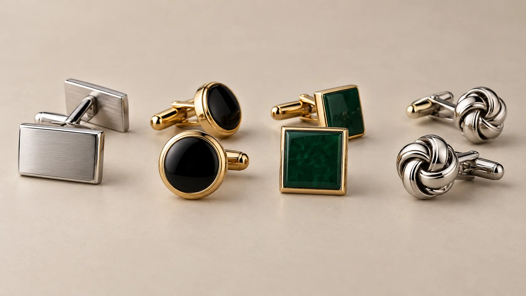 Different cufflink styles showing front faces and toggle backs — illustrative AI visual