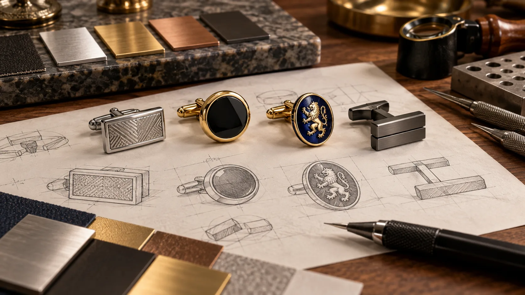 Cufflink sketches and finished sample styles on a designer workbench — illustrative AI visual
