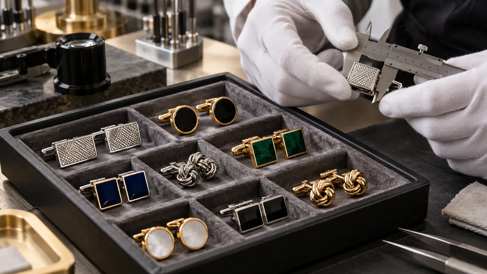 Quality inspection of assorted cufflinks with caliper and tray — illustrative AI visual
