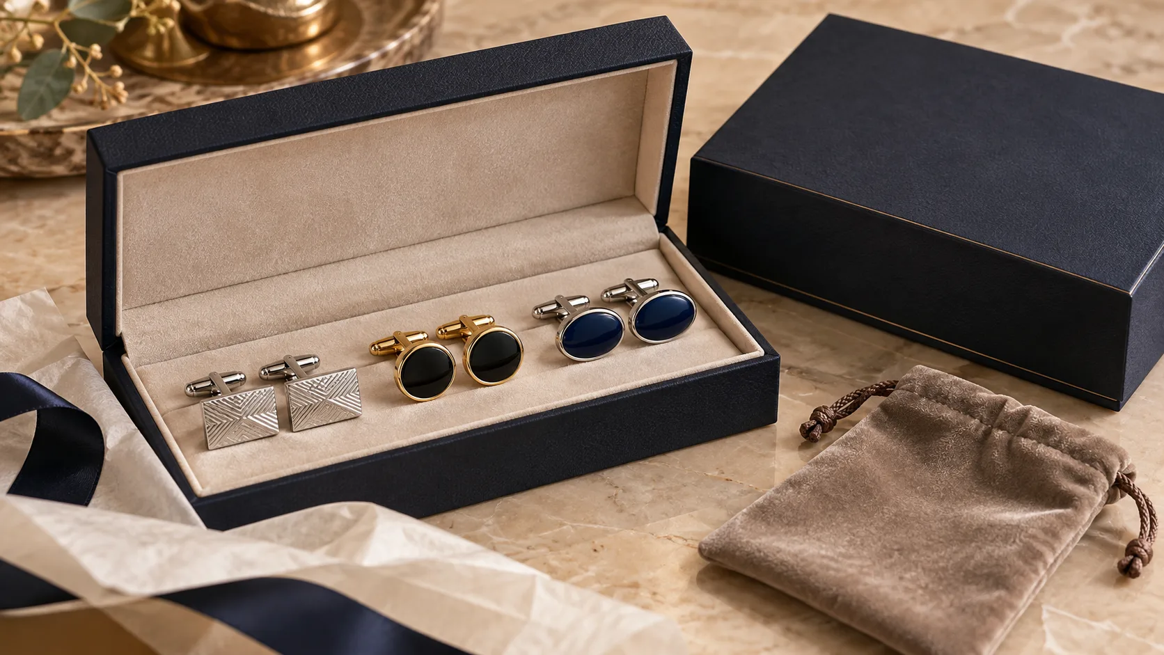 Luxury cufflink gift box with multiple cufflink styles and pouch — illustrative AI visual