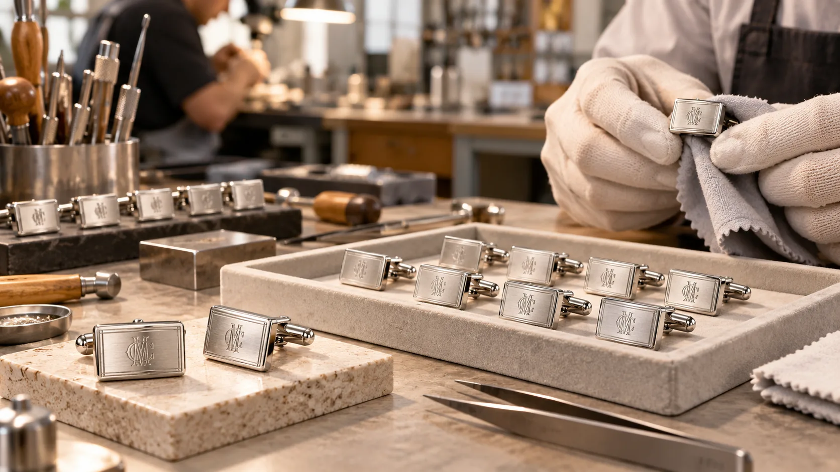 Jewelry workshop scene with cufflink crafting tools and samples — illustrative AI visual