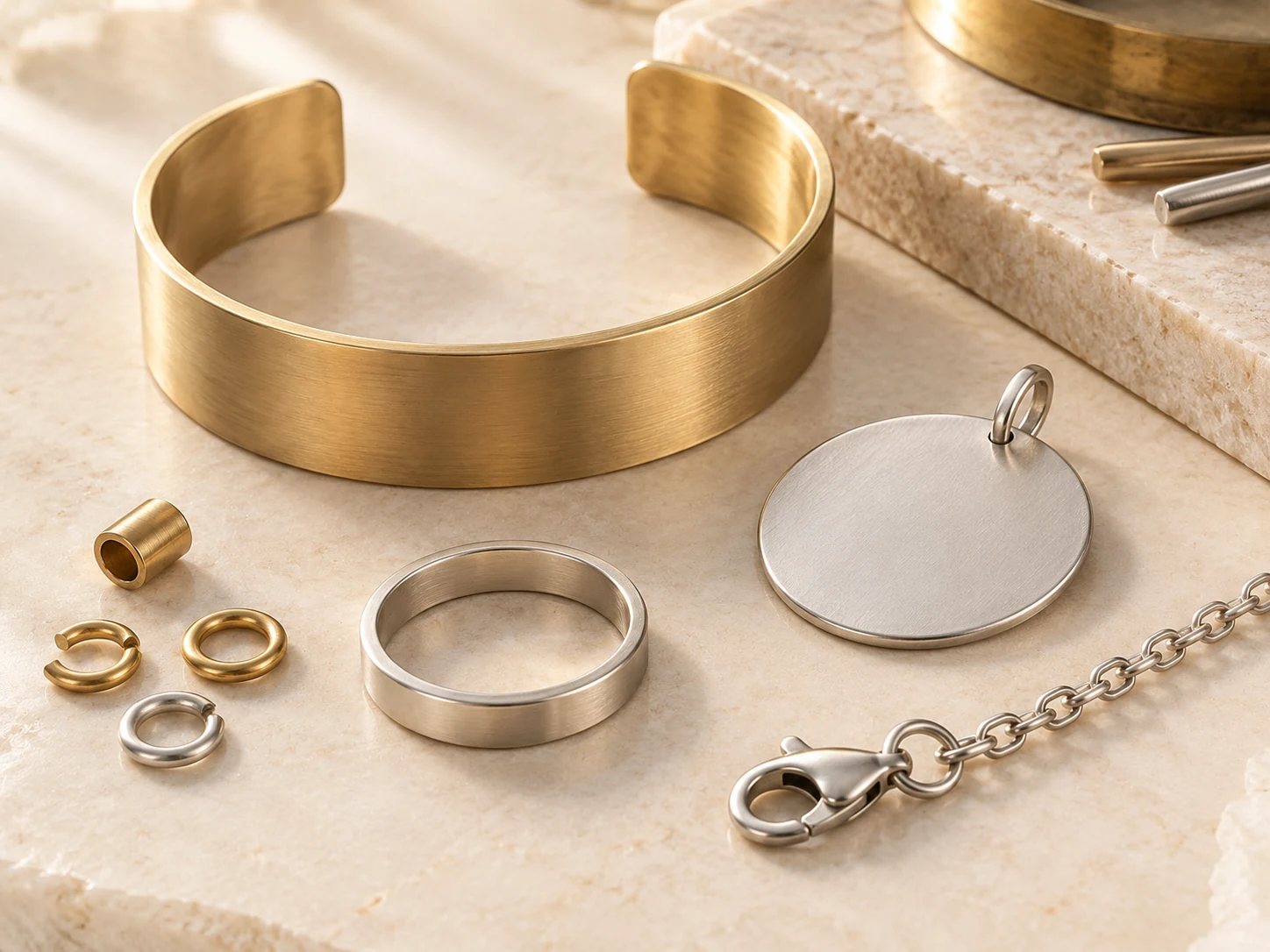 AI illustration of jewelry blanks and components for a material and finish brief