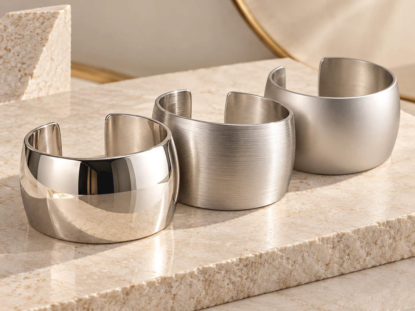 AI illustration comparing polished, brushed and matte appearances on cuff forms