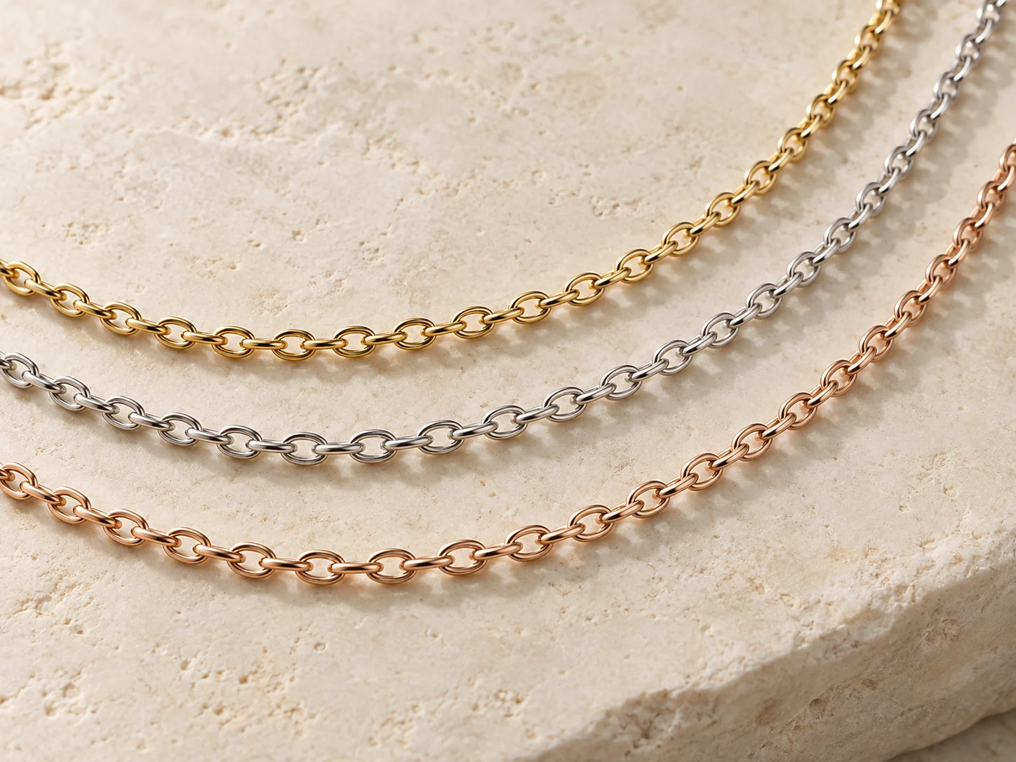 Cable chains in gold-tone silver-tone and rose-tone finishes