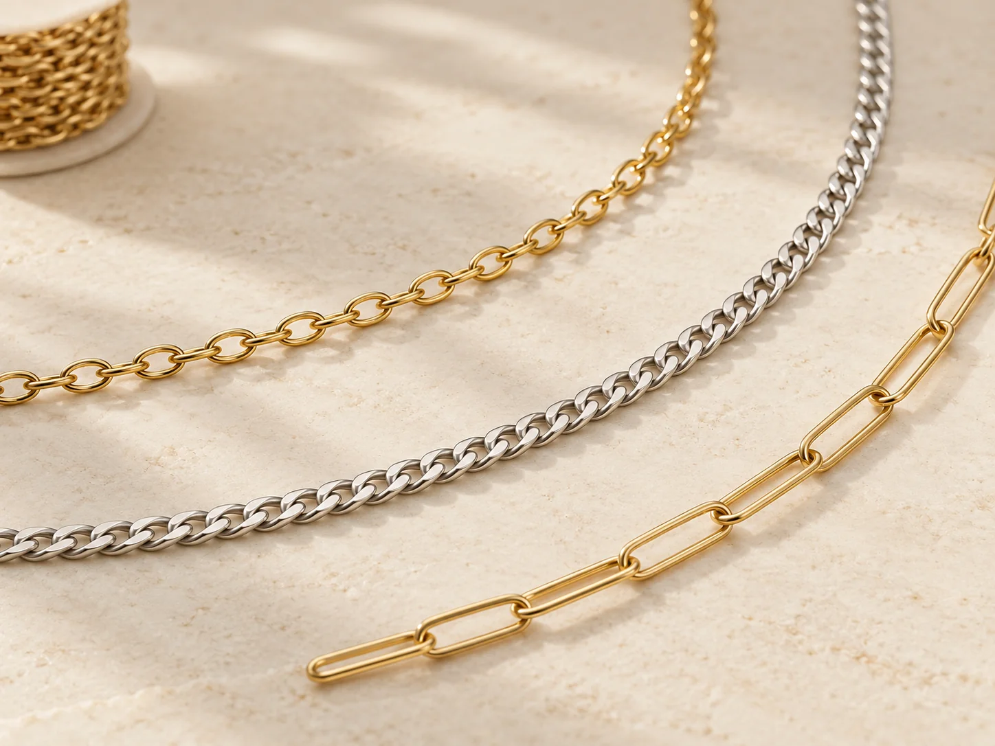 Gold-tone and silver-tone chains arranged on a warm stone surface