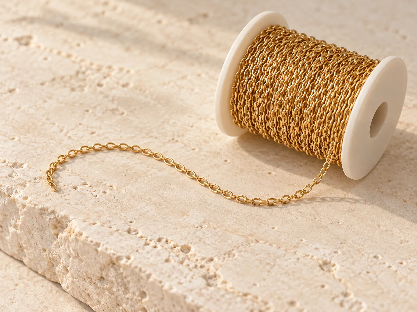 Gold-tone cable chain wound around an ivory spool