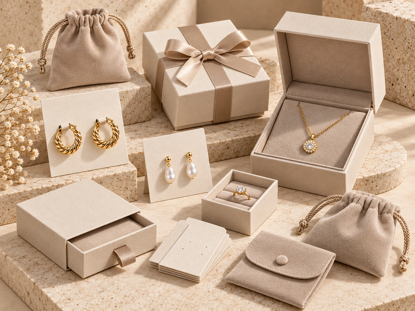 Neutral private label jewelry packaging with boxes, cards, pouches and jewelry