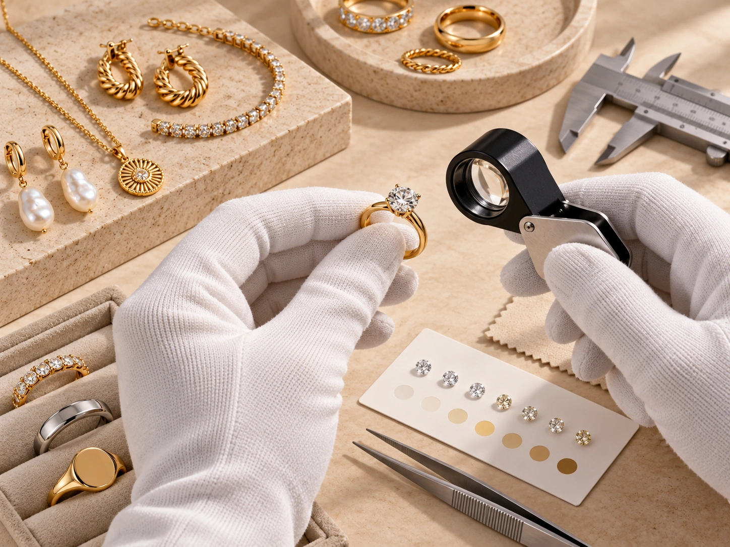 Illustrative jewelry quality inspection with loupe, caliper and handling gloves